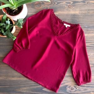 Skies Are Blue red top w/ scalloped neck, XS, EUC